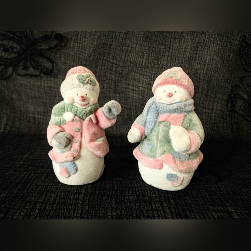 Vintage Flocked Ceramic Snowman & Woman - Mid Century Decor
